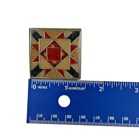 Vintage Lee Sands Sand Art Silver Inlay Quilt Square Triangle Pattern Brooch Pin - Picture 5 of 5